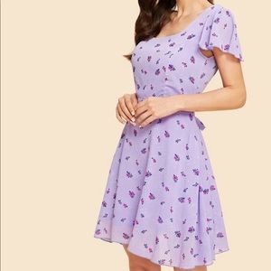 💜 Purple Floral Flutter Sleeve Dress